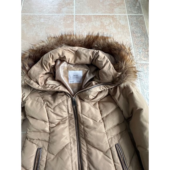 Zara‎ Basic Worn once down feather blend fur hood trim coat beige caramel size S - Picture 10 of 14